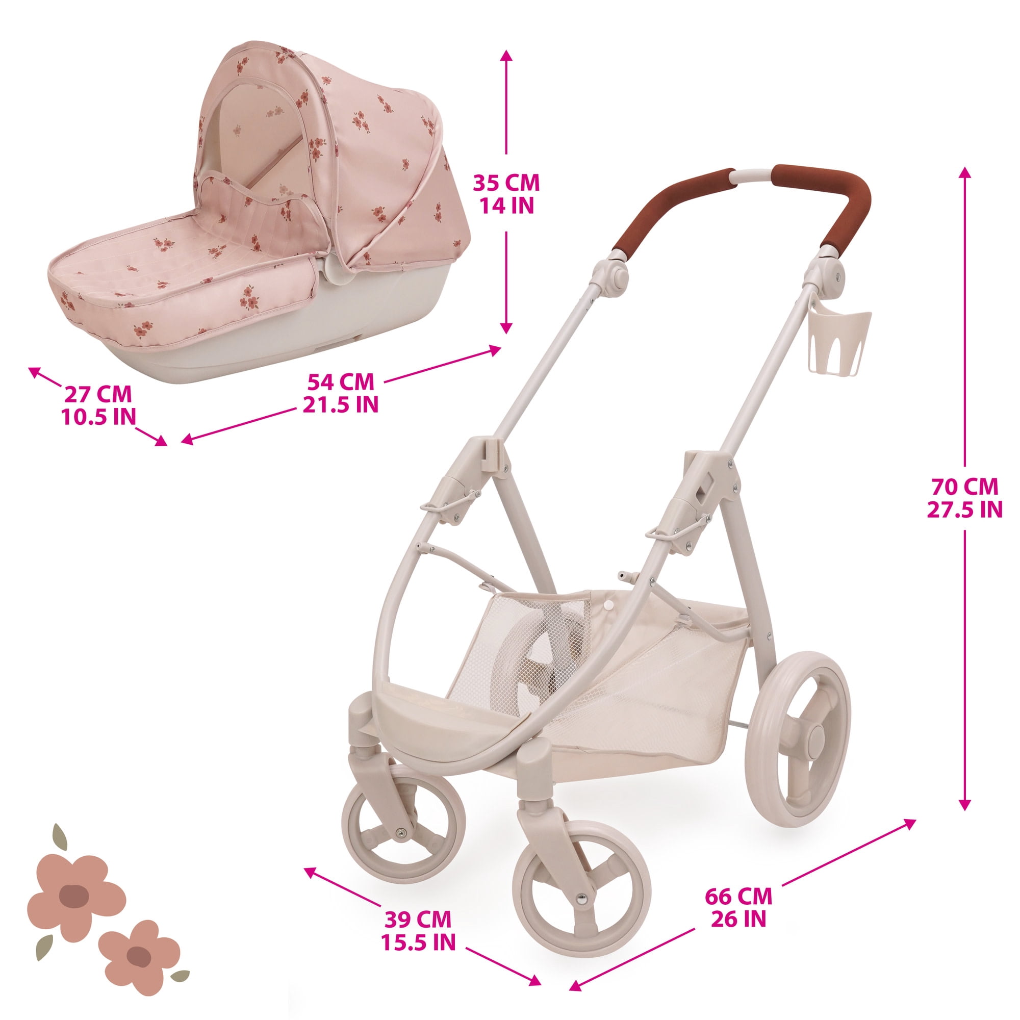 509 Crew: Ballet Flora - Bella 2-In-1 Doll Pram - Soft Pink Flower, Handbag, Removable Bassinet, Canopy-Adjustable Handle, Doll Accessory Toy, Kids 3+