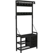 GIKPAL 5 in-1 Hall Tree, Entryway Bench with Coat Hooks Industrial Entryway Bench with 17 Hooks 2 Drawers and Top Shelf, for Hallway or Living Room, Black