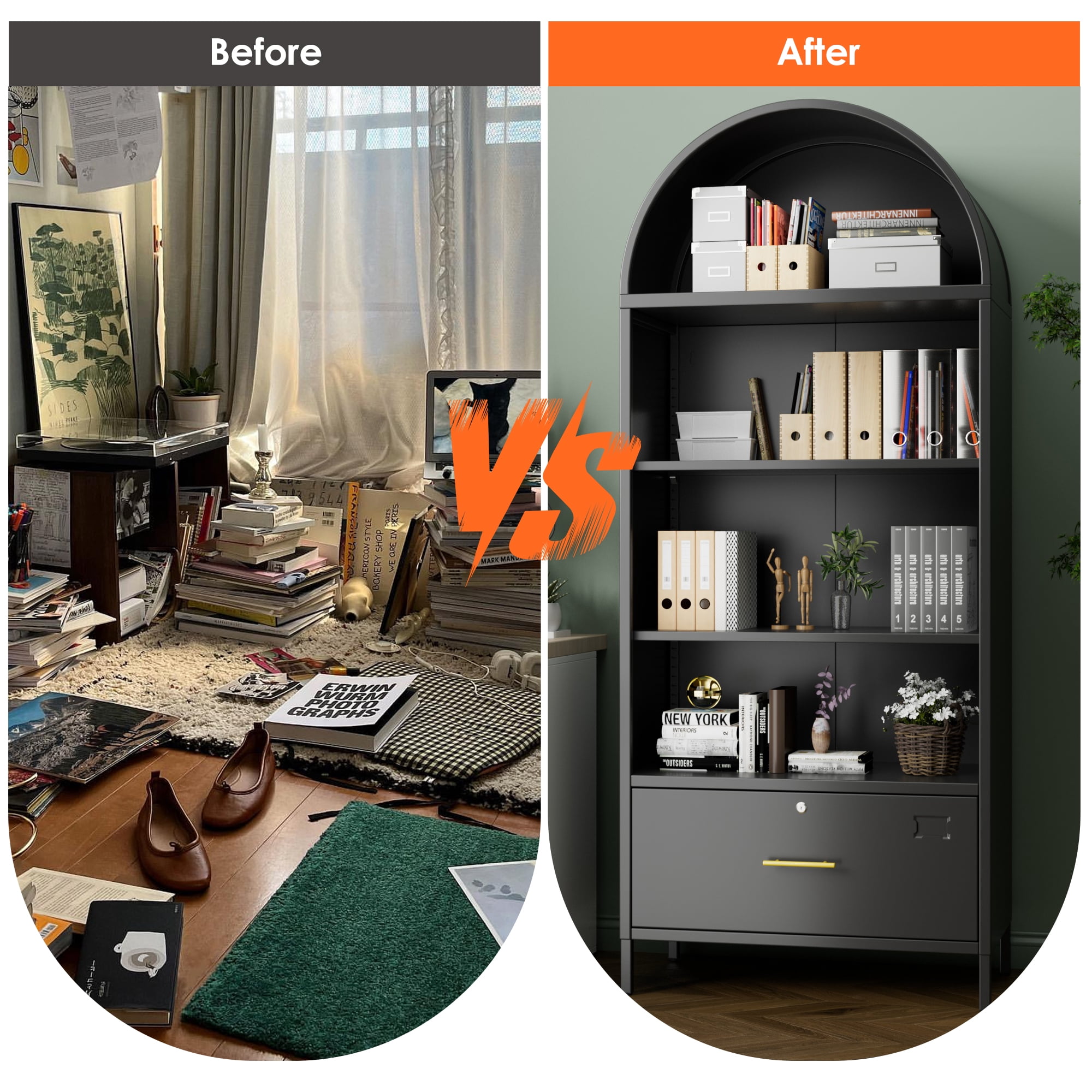 Aobabo Metal Arched Bookshelf Cabinet with Lockable Drawers,Arch Display Bookcase File Cabinet with Shelves for Home Office Living Room Black,Assembly Required