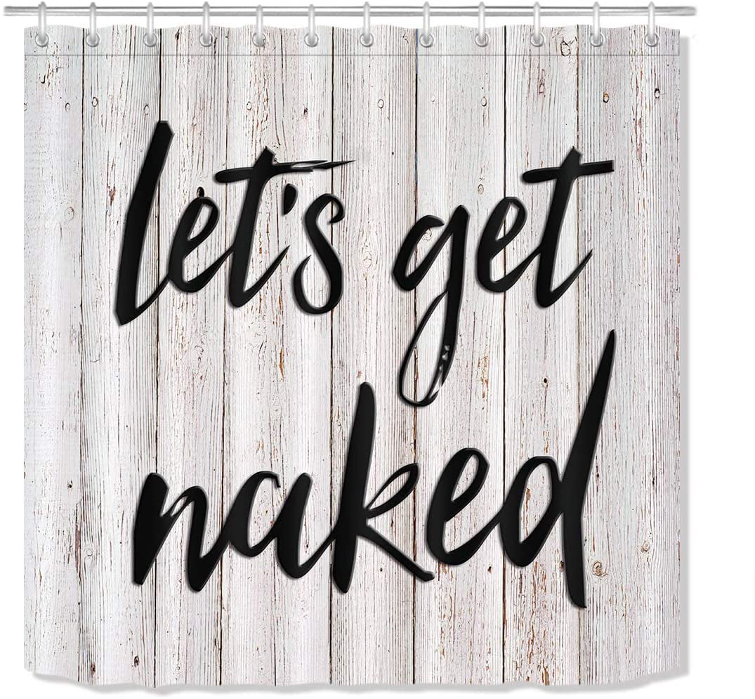 LB Black Font Get Naked Shower Curtain with Hooks,Grey Rustic Plank Wood Vintage Farmhouse Bathroom Curtains 60x72 inch Waterproof Polyester Fabric
