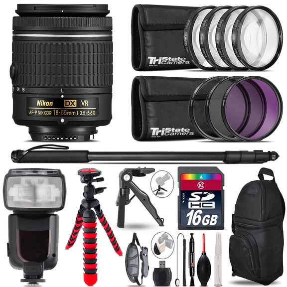 Nikon AF-P 18-55mm VR + Professional Flash + Macro Kit - 16GB Accessory Bundle