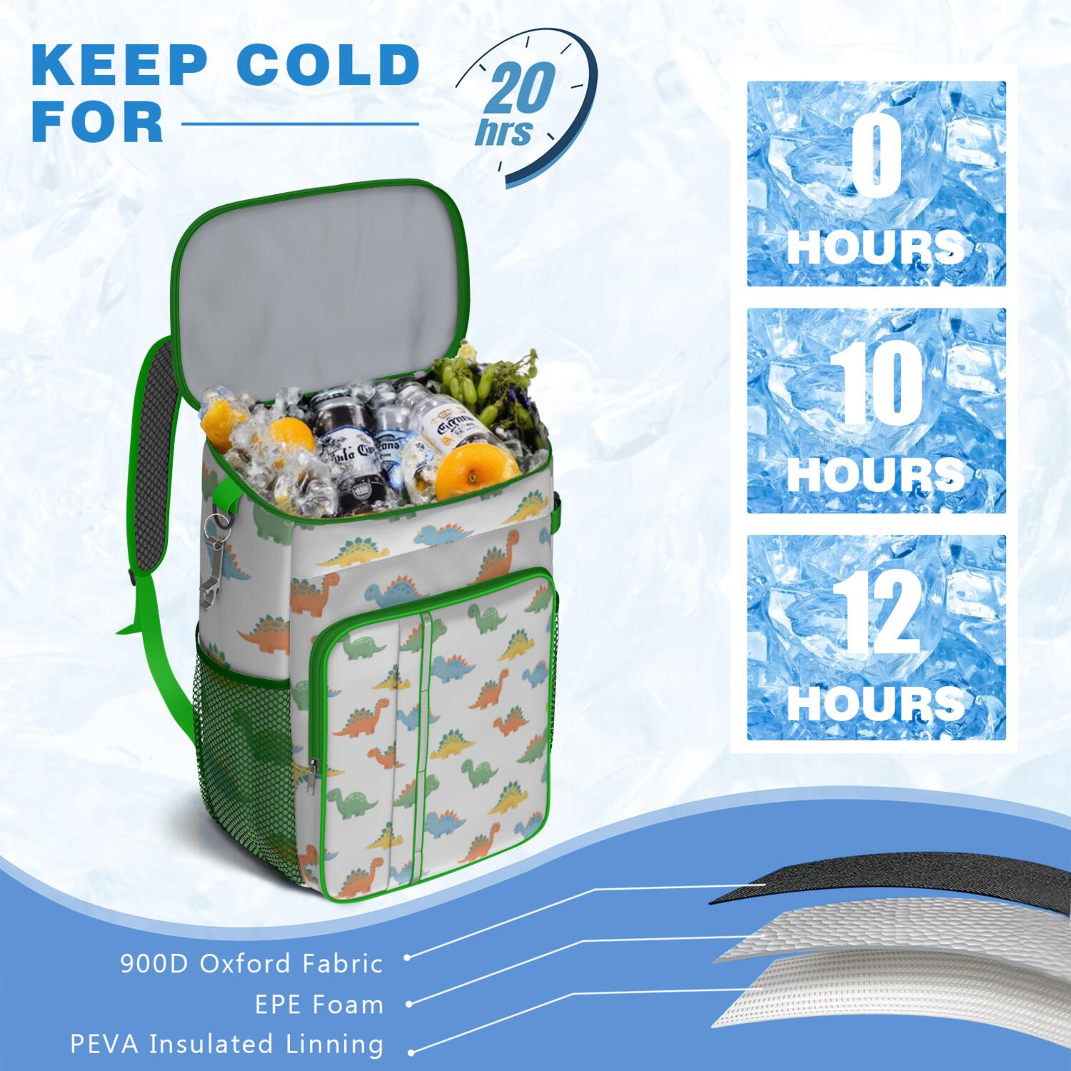 Travel Cooler Bag - White Cartoon Dinosaurs Pattern Camping Beer Cooler Backpack with Bottle Opener- Waterproof Insulated Picnic Backpacks - Cooler Bag for Beach