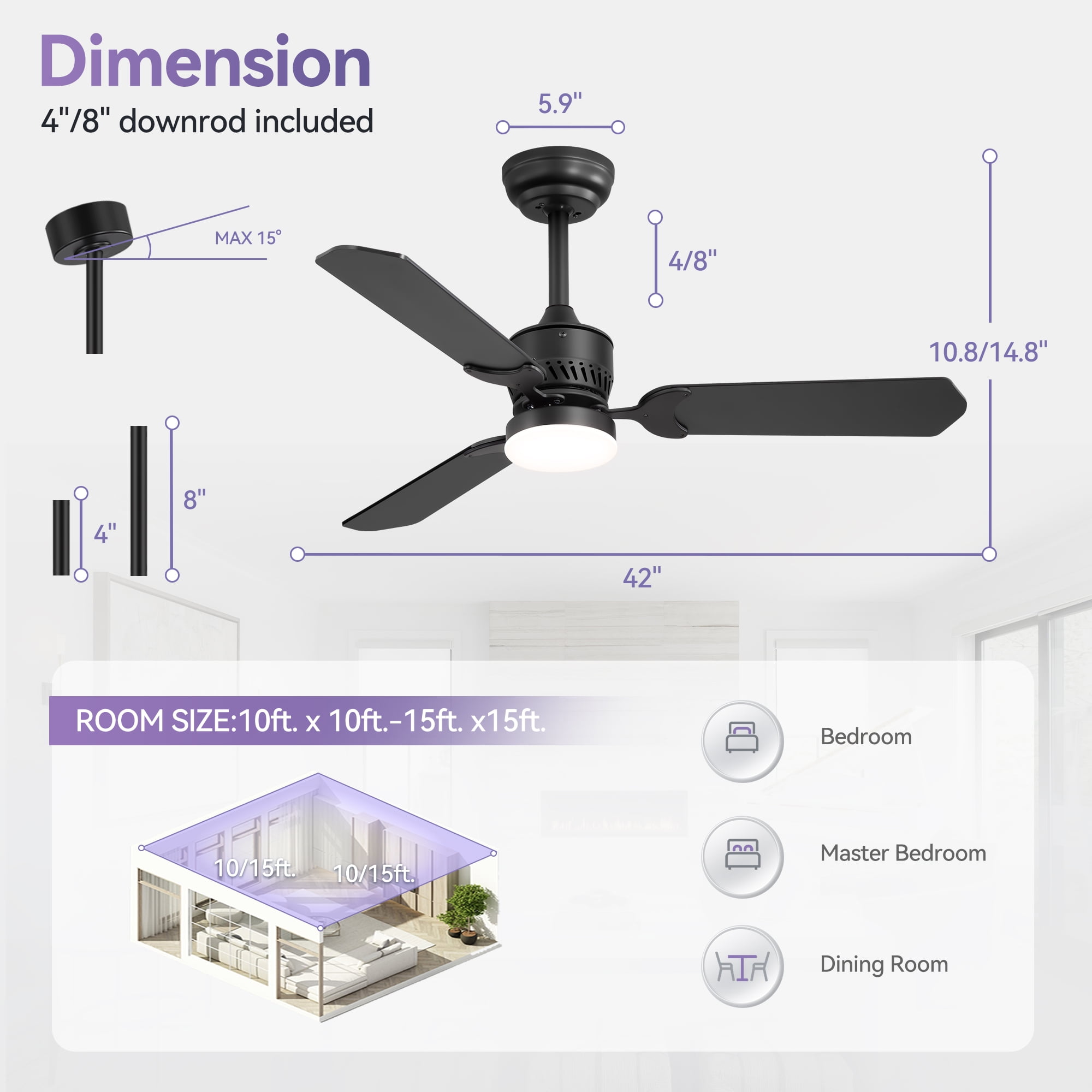 ALKAFY 2-Pack 42 inch Black Modern Ceiling Fan - 3-Blade Smart DC Motor, LED Light & Remote for Bedroom, Living Room