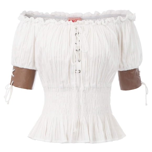 Renaissance Tops for Women, Off Shoulder Blouse with Lace-Up Front and Peplum Hem, Gothic Vintage Bohemian Style Shirt