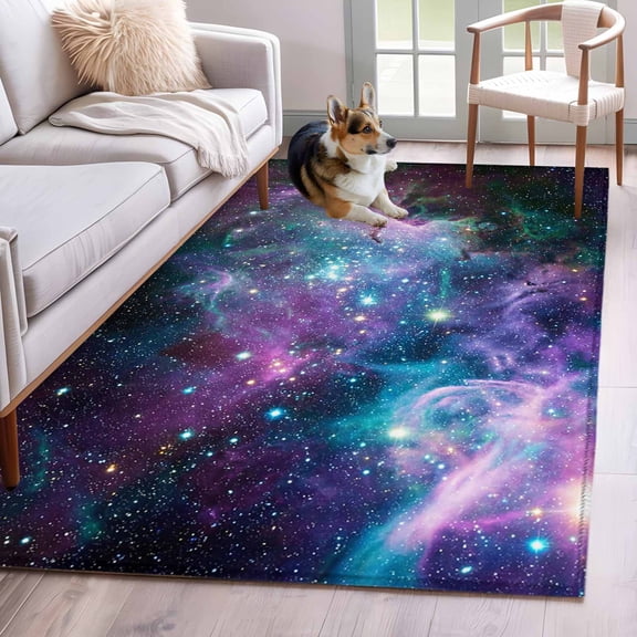 Area Rug for Living Room, Purple Ombre Starry Night Non-Slip Indoor Large Carpet for Bedroom/Dining Room, Modern Abstract Art Washable Low-Profile Rectangle Floor Mat Runner Rugs - 3 x 5 Ft