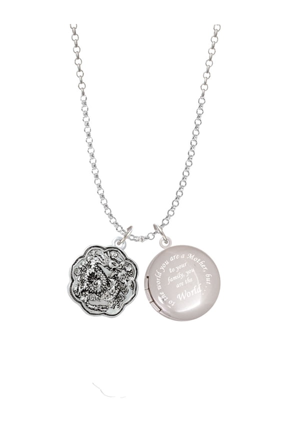 Silvertone Dragon and Phoenix Medallion To the World You are a Mother Locket Necklace