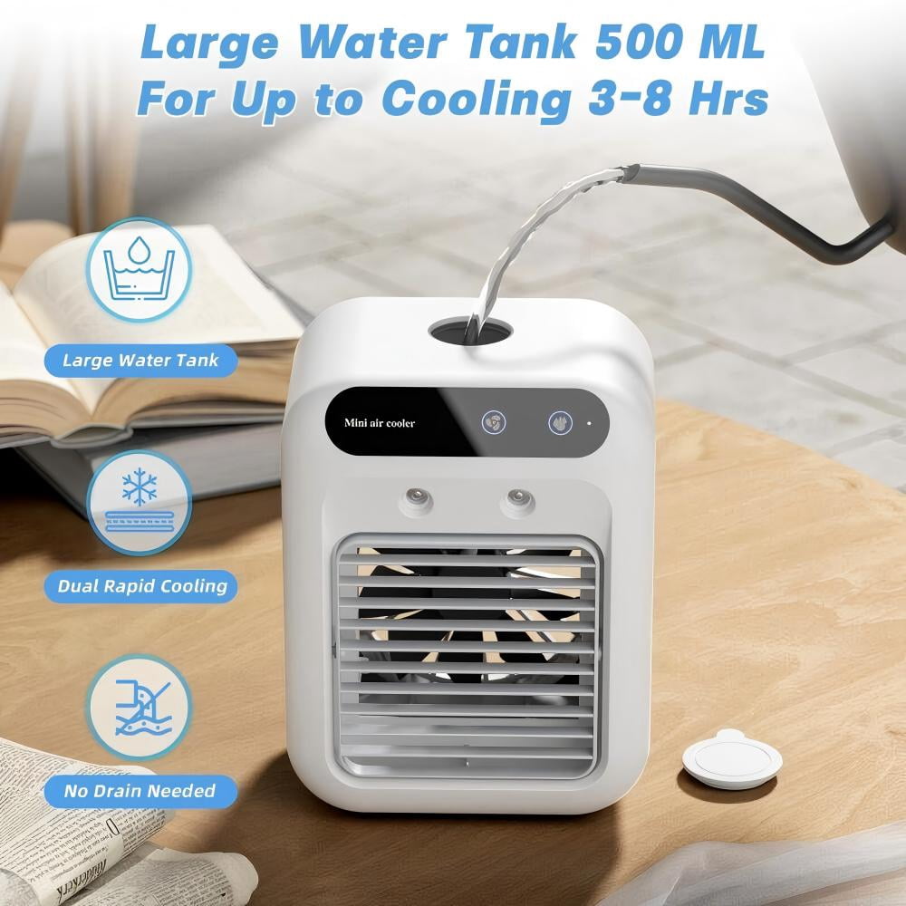 「MistPro 3-in-1 Portable Air Cooler | USB Rechargeable Personal Fan w/ 40Hrs Runtime & 2 Mist Modes | Evaporative Cooling for Bedroom/Office/Camping | Desktop & Outdoor Use」