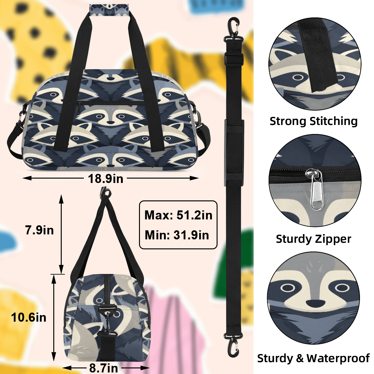 Herdesigns Raccoon Sports Duffle Bag for Women & Men, Cute Gym Bag Dance Bag Overnight Bag Carry On Weekender Travel Bag