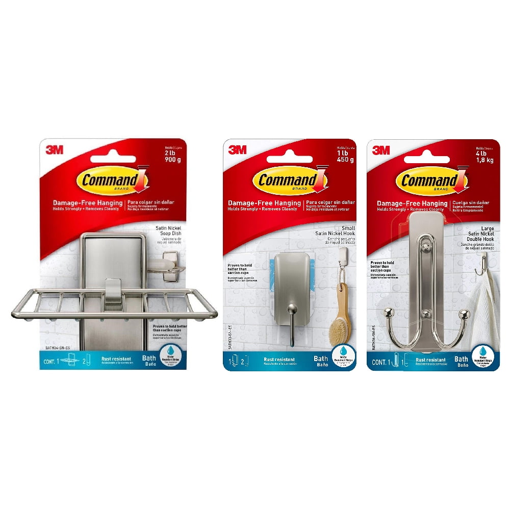 Command Bath Set Satin Nickel Adhesive Soap Dish Double Hook Single