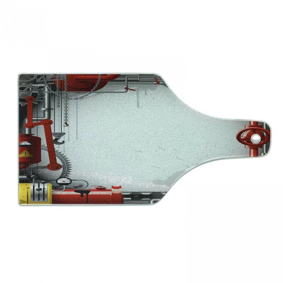 Industrial Cutting Board, Engineering Themed Gears Levers and Meters Flue Lifting Crane, Decorative Tempered Glass Cutting and Serving Board, Wine Bottle Shape, Orange Yellow Grey, by Ambesonne