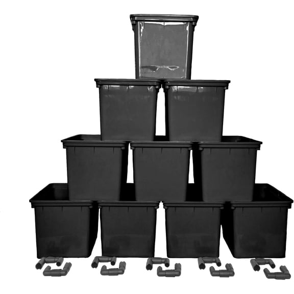 10 Pack Black Dutch Bucket Hydroponic System – 11 Liter (12" x 10" x 9") Bato Buckets with Siphon Elbows – Indoor & Outdoor Hydroponic Growing Planters