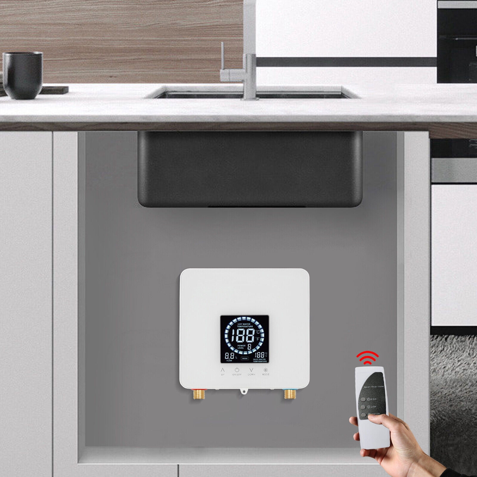 7500W Modern Instant Electric Water Heater with Led Display White IPX4 for Kitchens, Bathrooms