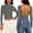 Gray plus size backless crop top a1, variant on Women Plus Size Fall Winter Round Neck Long Sleeve Backless Crop Top Basic Casual Solid Pullover Tops, Coffee S