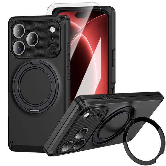 Lunvic for iPhone 17 Pro Max Case with Tempered Glass Screen Protector, 360 Rotating Magnetic Ring Kickstand, Dual Layer Rugged PC TPU Heavy Duty Shockproof Armor Cover, Black