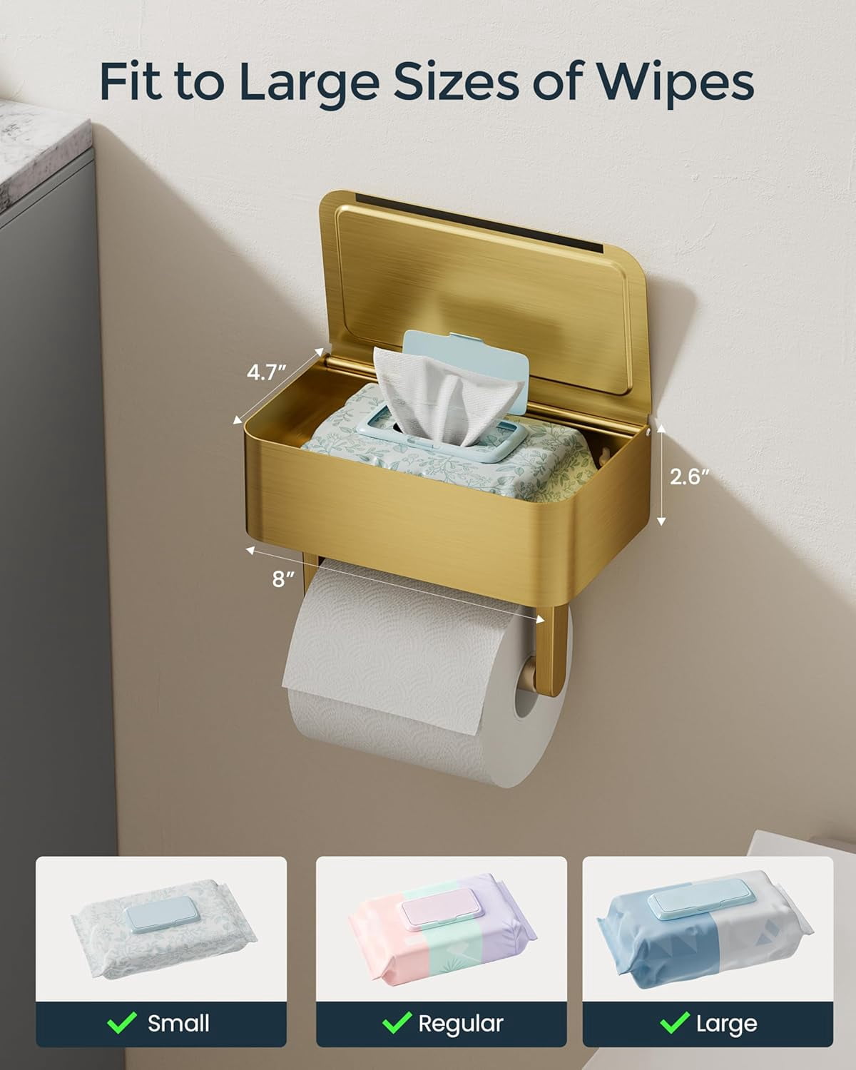 EP Toilet Paper Holder with Shelf, Wipes Holder for Bathroom, Flushable Wipes Dispenser, Stainless Steel Toilet Paper Roll Holder with Storage for Wet Wipes Wall Mounted (Gold, Regular Roll)