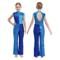 thumbnail image 1 of Yeahdor Robe de Fête de Mariage pour Enfants Filles Combinaison à Sequins Brillants Sans Manches Bas Évasé Disco Danse Justaucorps Bleu 10, 1 of 7