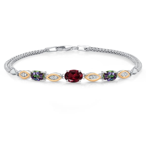 925 Silver and 10K Yellow Gold Red Rhodolite Garnet and Green Mystic Topaz and White Lab Grown Diamond Bracelet for Women (2.16 Cttw, Gemstone January Birthstone, Oval, Wheat Chain, 7.5 inches)
