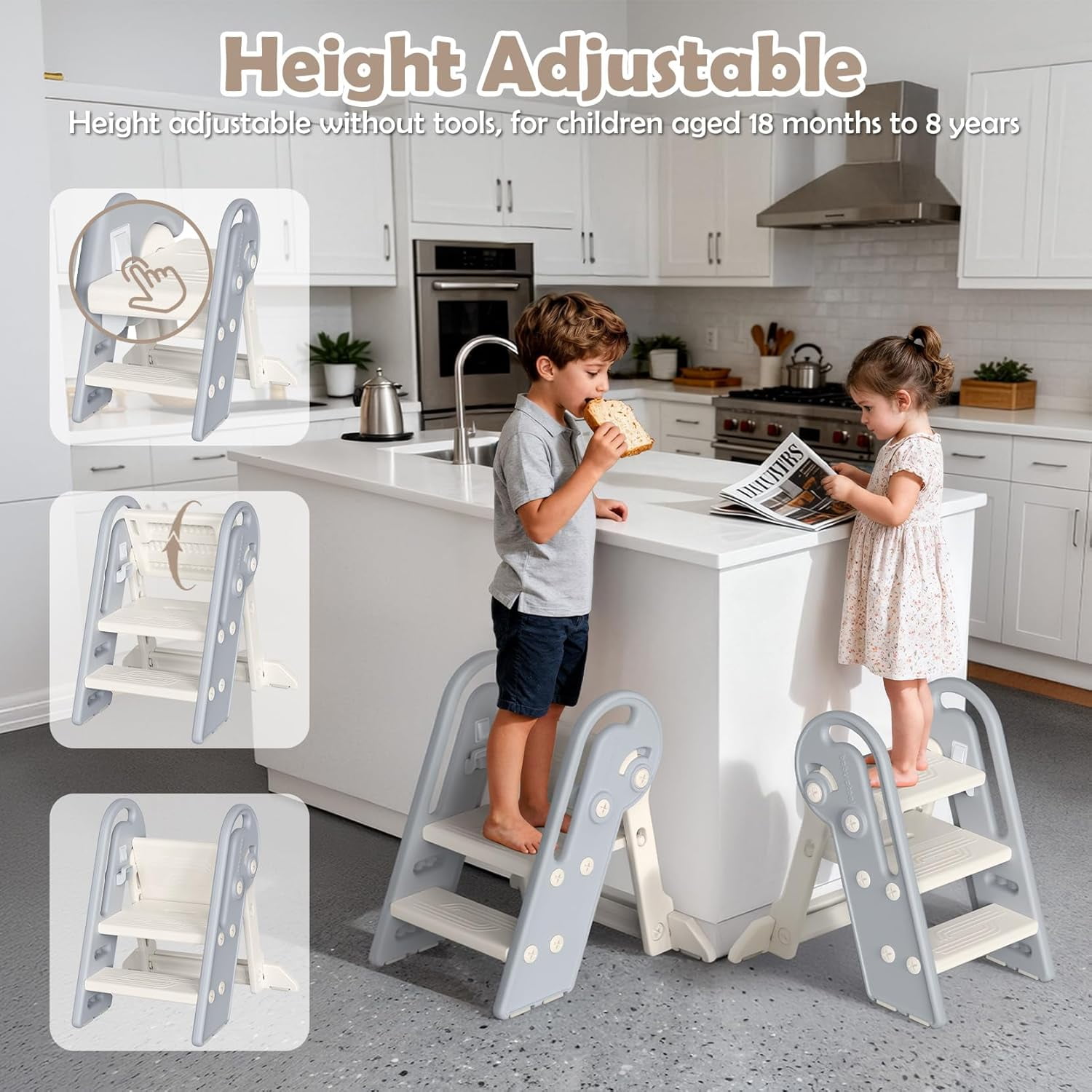 Adjustable Toddler Step Stool with Handles, Converts from 3-Step to 2-Step as Kids Grow, Non-Slip Safety Stool for Bathroom Sink, Kitchen Counter, Potty Training and Everyday Household Use-