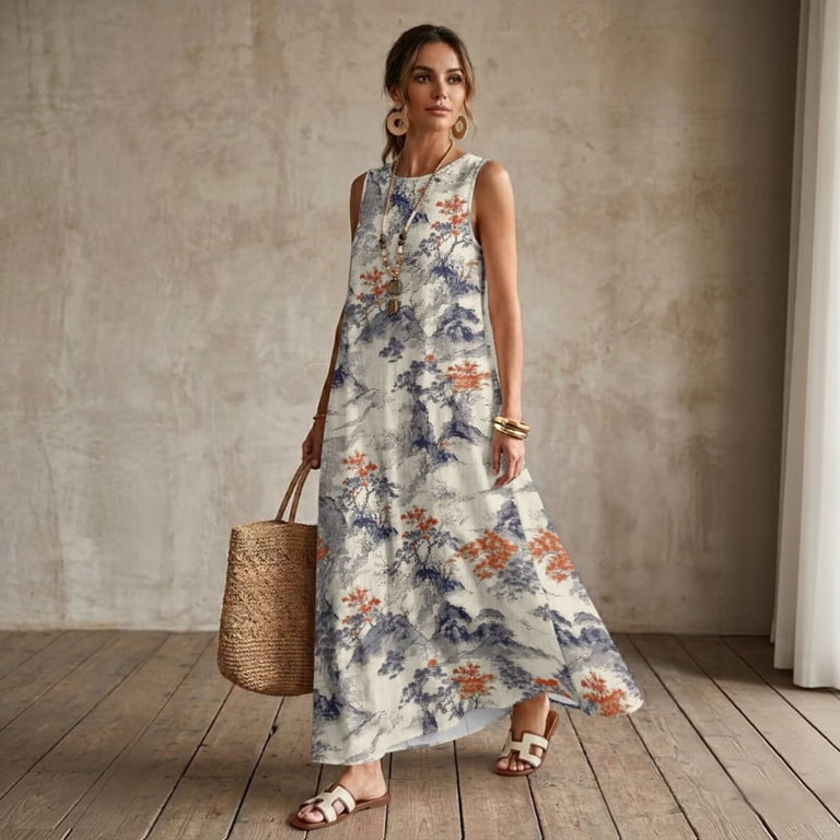 mountain casual dress Jiueut Watercolor Print Maxi with Pockets for Women, Sleeveless Linen Look Summer Dresses, Wrinkle Resistant Flowy Long Dress, This dress adapts to Size:4 | US Point Collar Highlands SHEIN Belle Plus Size