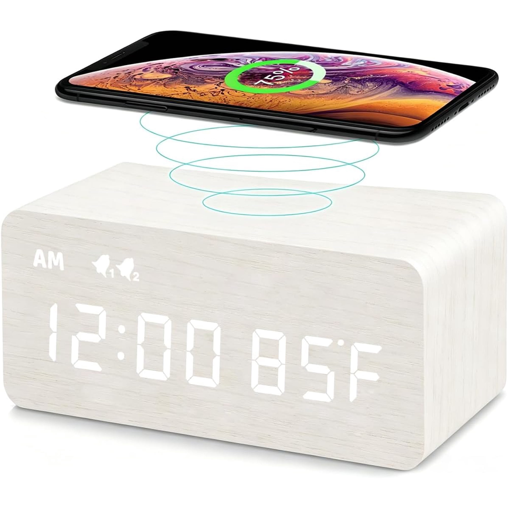 Premium White Wooden Digital Alarm Clock with Wireless Charging Pad, Time & Temperature Display, Dual Alarms Snooze, Dimmable, Small LED Desk for Bedroom Nightstand Bedside Living Room Table