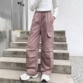 thumbnail image 2 of WhouRiu Girls Casual Cargo Pants Solid Color Elastic Waist Baggy Wide Leg Pants Kids Comfortable Daily Trousers With Pockets,11-12 Years, 2 of 6