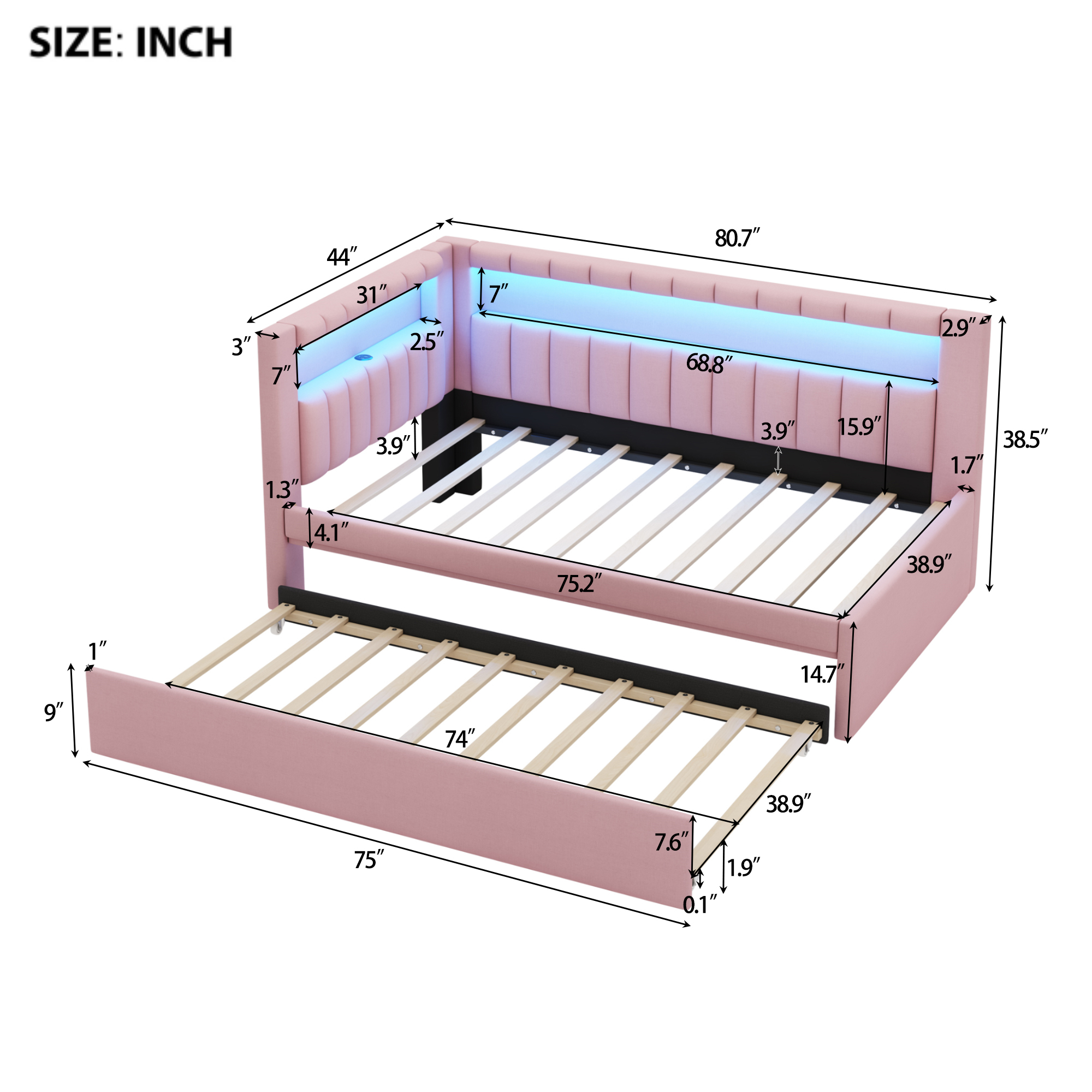 Euroco Upholstered Twin Size Daybed with Trundle, USB Charging Station and LED Light, Pink