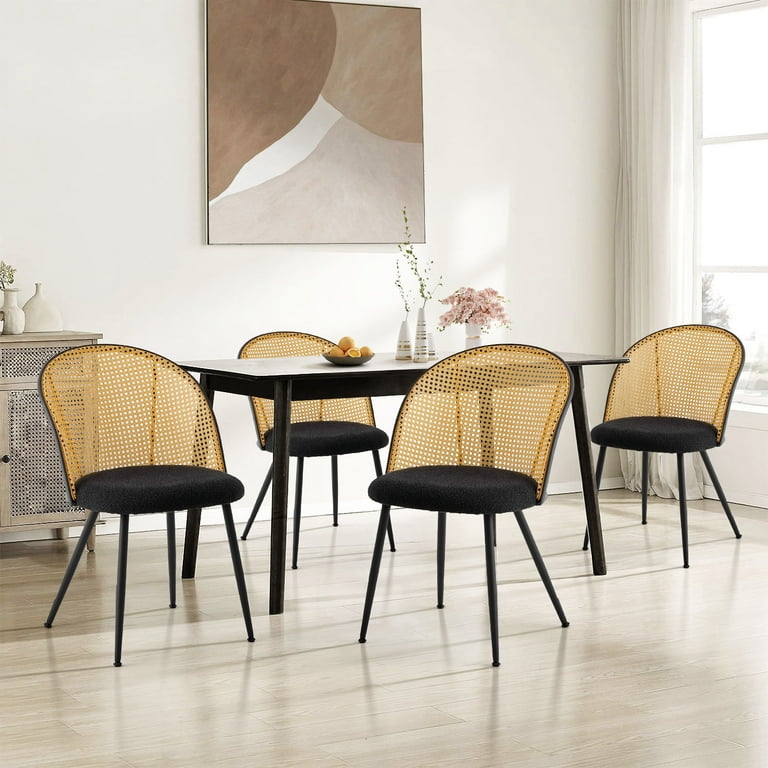 Set Of 4 Modern Dining Chairs - Woven Rattan Back, Curved Wood Design, PU Leather Seat, Breathable Mesh