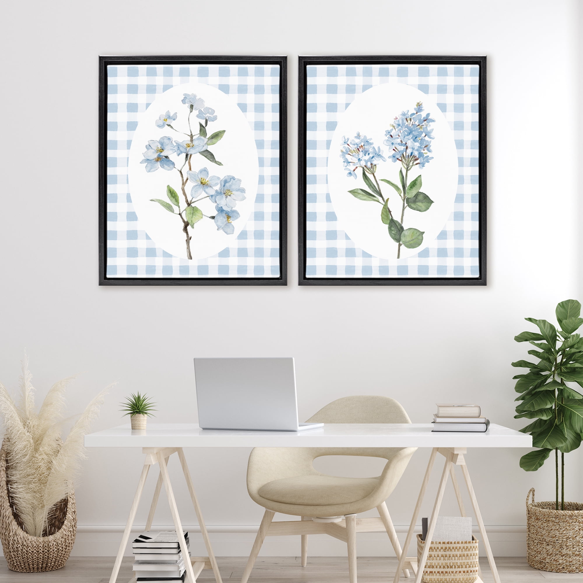 Stupell Industries Blooms on Blue Checkered 2 Piece Black Framed Floater Canvas Set, design by Lanie Loreth