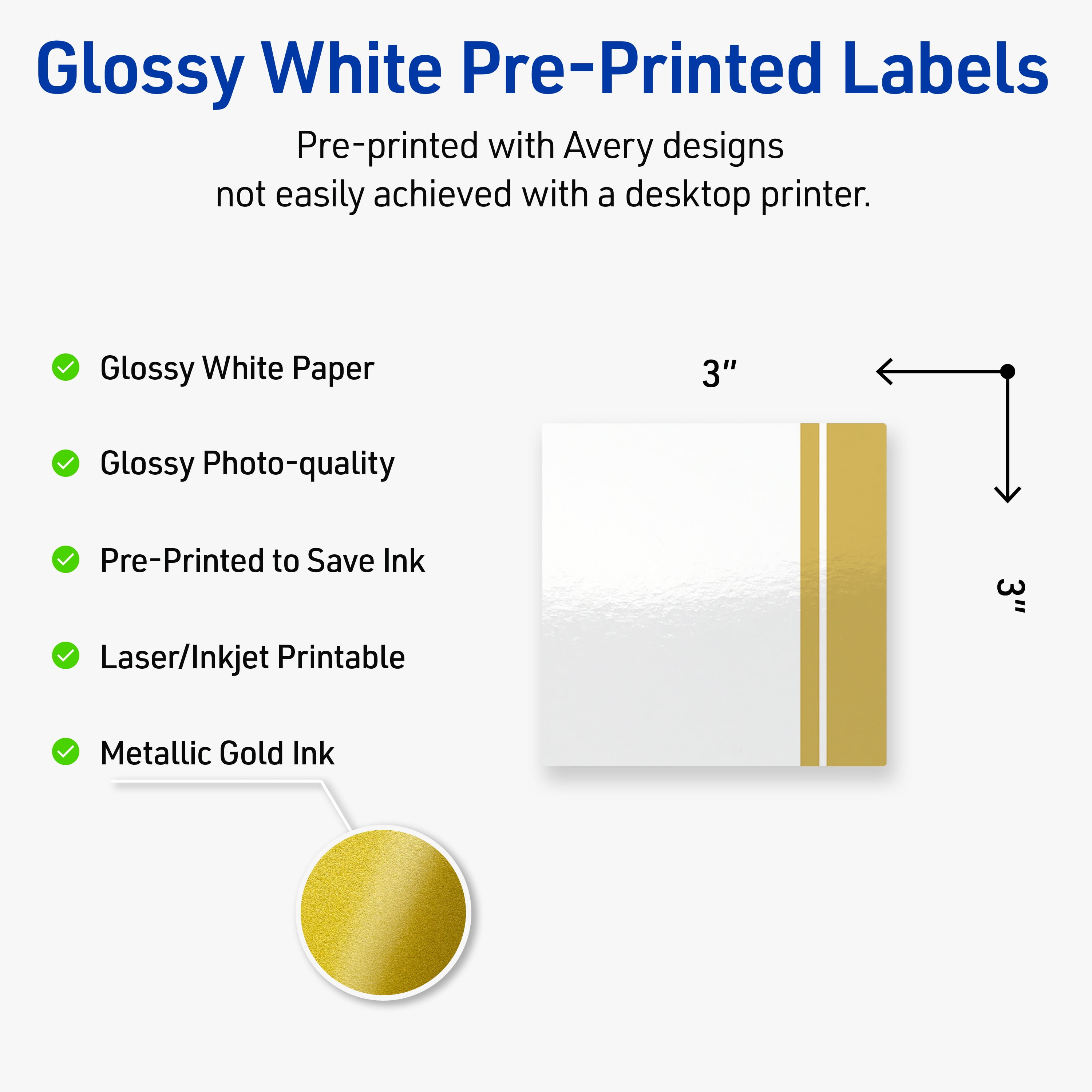 Avery 3" x 3" Labels, Gold Double-Dipped Edge, 60 ct, Glossy, Double Dipped Gold Edge