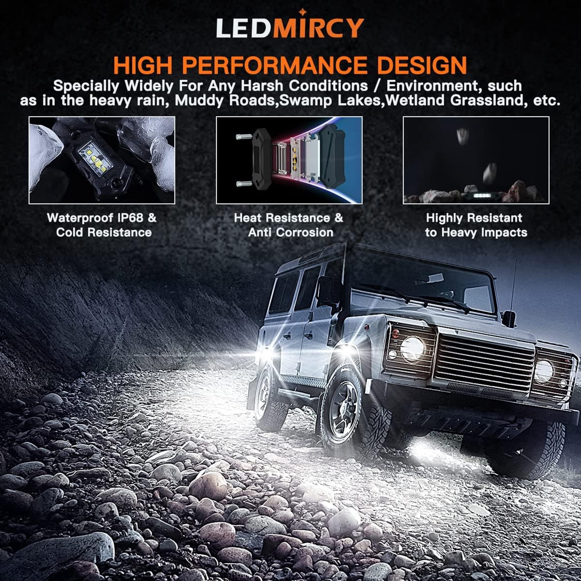 LEDMIRCY R3 Pure White Rock Light Kit with Rocker Switch Wire Harness 12PCS for off road Trucks Atv Utv Suv Under Body