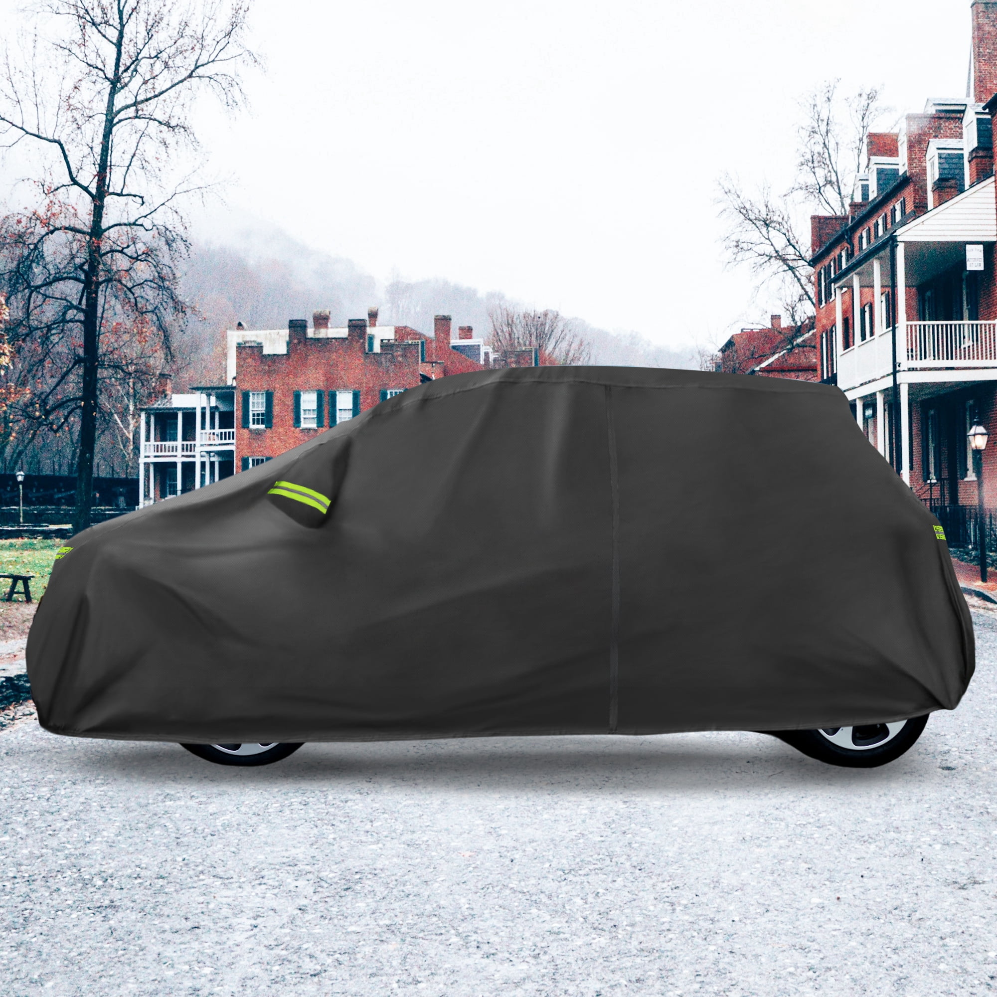 Unique Bargains Outdoor Full Car Cover All Weather Protection with Zipper Black Black 139.76"x64.17"x59.84"