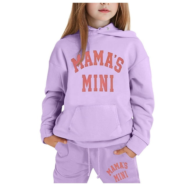 TSADFHJI Tenues d'Automne Vêtements pour Filles 10-12 Tendance Rentrée des Classes Mode pour Enfants Décontracté Imprimé Haut à Manches Longues à Capuche Chandail à Capuchon Pantalon Ensemble 2-3 Ans Violet