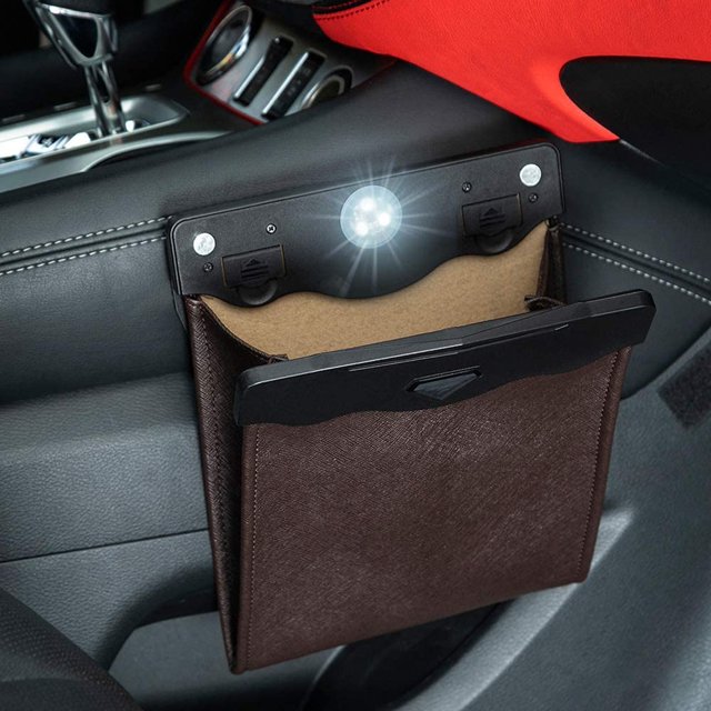 Smart LED Cubo de basura para automóvil Bolsa de basura impermeable Lado del pasajero Bolsillo de almacenamiento de cuero artificial Fugas Reutilizable Viajes Oficinas portátiles Inodoro Botes de basura Marrón moca BANYUO Electrónica
