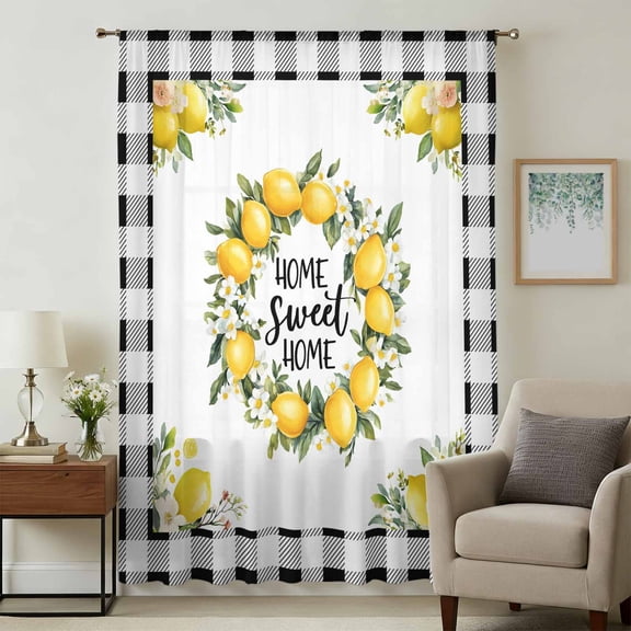 Summer Yellow Lemon Sheer Curtains 84 Inches Long, Black Buffalo Plaid Farmhouse Light Filering Curtains, Breathable Simi Curtain Privacy Drapes for Living Room Bedroom Lightweight Window Treatment