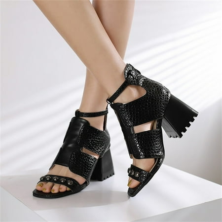 

Cathalem Ladies Fashion Snakeskin Leather Hollow Thick High Heeled Zippered Roman Sandals Platform Sandals for Women Size 10 Black 7.5