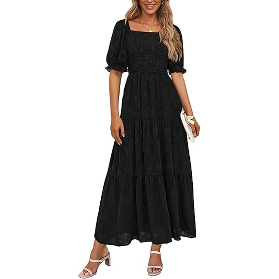 PRETTYGARDEN Women's 2025 Summer Casual Midi Dresses Square Neck Short Sleeve Smocked A Line Floral Flowy Elegant Boho Dress