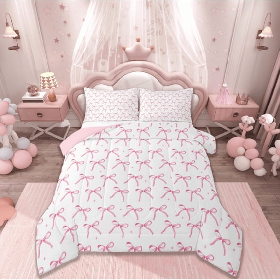 Manfei Cute Bowknot Bedding Sets Twin with Comforter,Bowtie Bowknot Duvet Insert,Pink White Bow Comforter Sets Twin Size For Girl,Super Cozy Room Decoration Reversible,2pcs