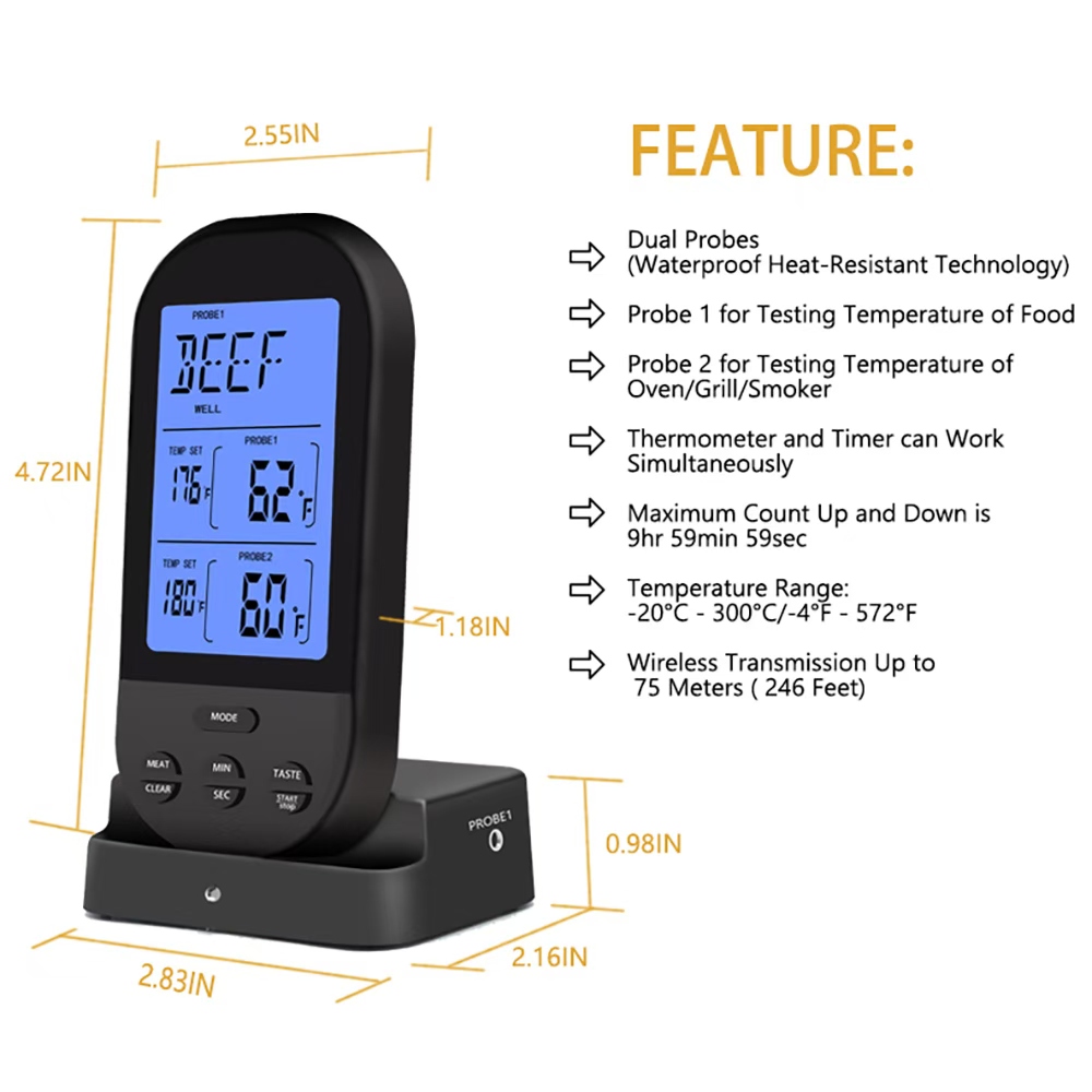 230 Feet Wireless Range Grill Oven Meat Thermometer with Timer and LCD Backlight Waterproof Dual Probe Kitchen Cooking Food Thermometer