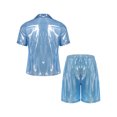 thumbnail image 4 of TiaoBug Men's 2 Piece Summer Outfits Shiny Glossy Semi-Sheer Button Down Shirts and Casual Shorts Set Sky Blue XL, 4 of 7