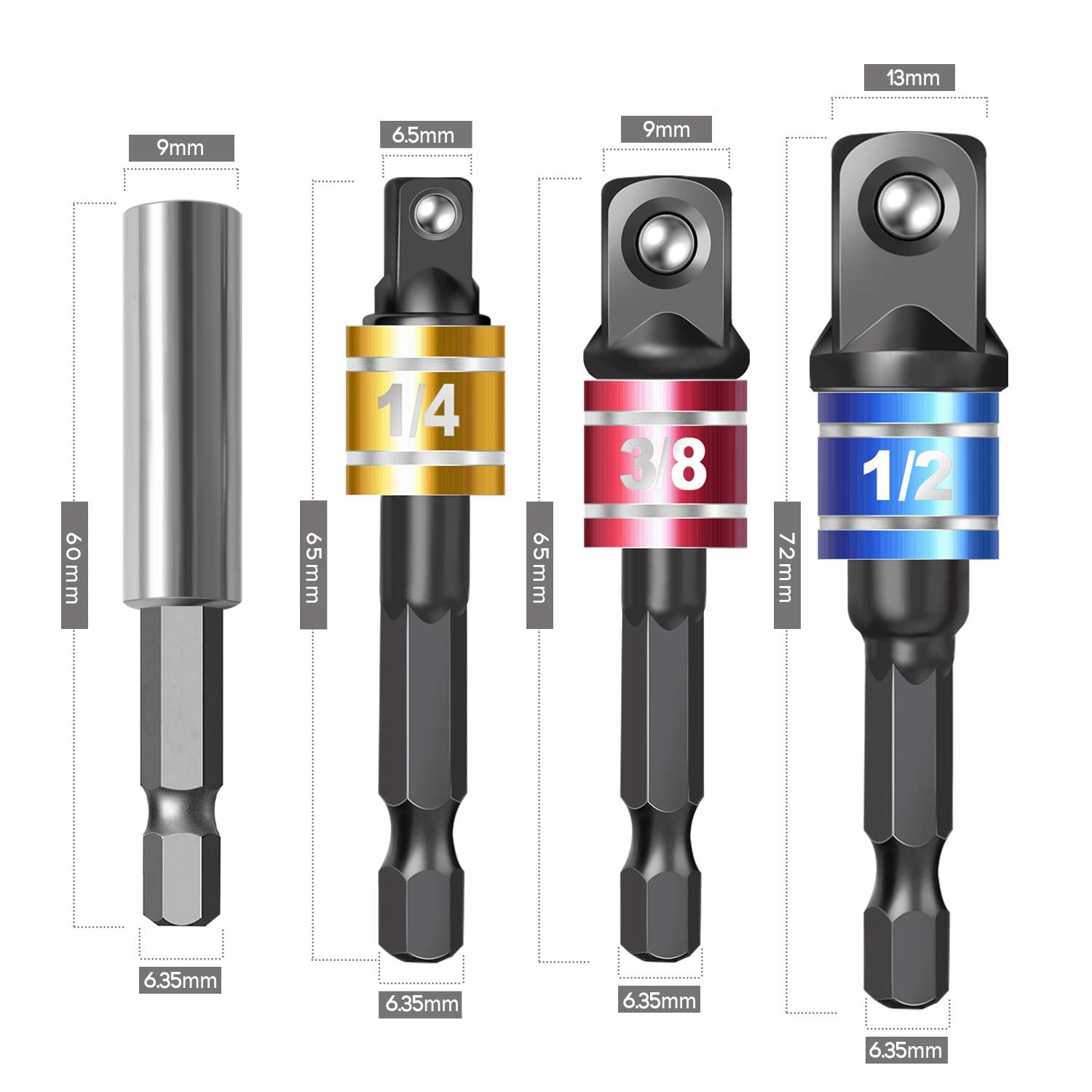 4 Pieces Impact Driver Set with Extension Bit Holder for 1/4
