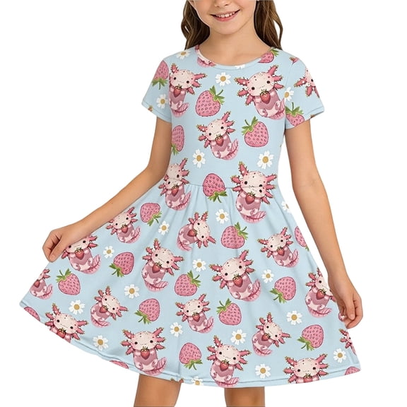 Girls Cute Dresses Axolotl Strawberry Print Short Sleeve Skater Dress Casual Cartoon Twirl Dress with Pockets Kids Summer Outfit for 4-14Y