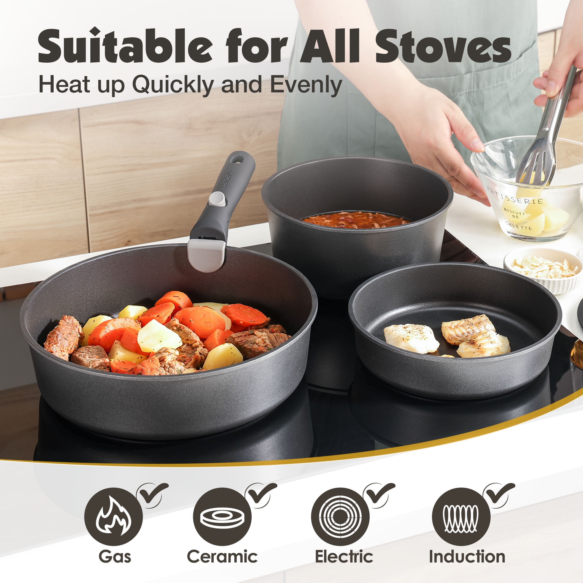 SENSARTE 18-Piece Cookware Set with Detachable Handle, Black Nonstick Pots and Pans Set, Induction Compatible, Dishwasher/Oven Safe, Healthy Cooking Set for RV & Camping