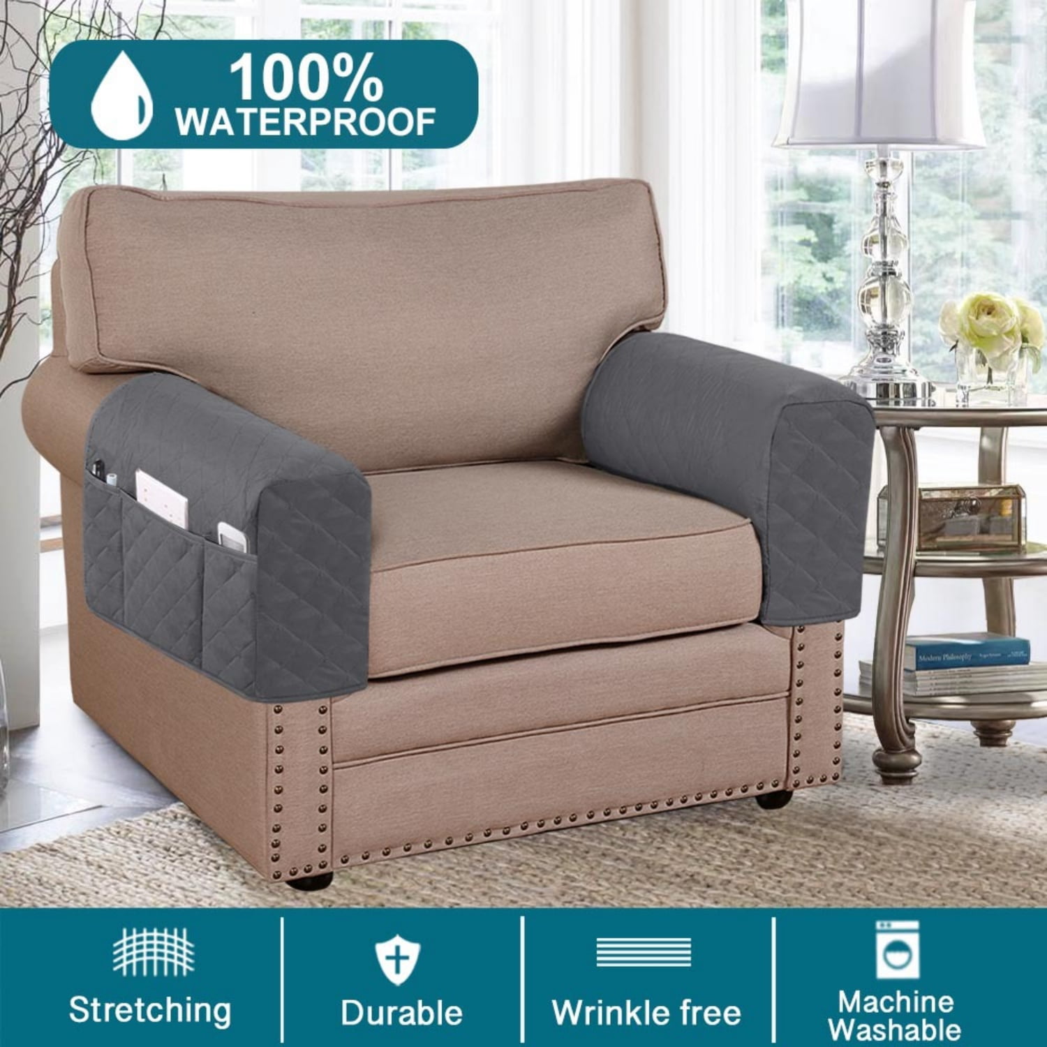 2 Pack Waterproof Armrest Covers Couch for Chairs and Sofas Couch Arm Covers with Side Pocket, Non-Slip Armrest Protectors Washable Armrest Slipcover (Gray)