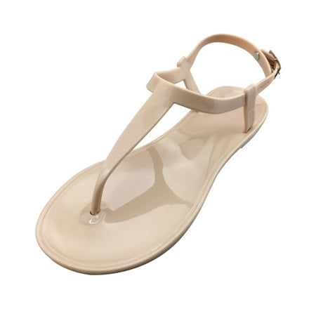 iOPQO Women s sandals Women s Fashion Casual Flats Rhinestone Round Toe Sandals Buckle Strap Shoes simple colored diamond jelly Beige 42