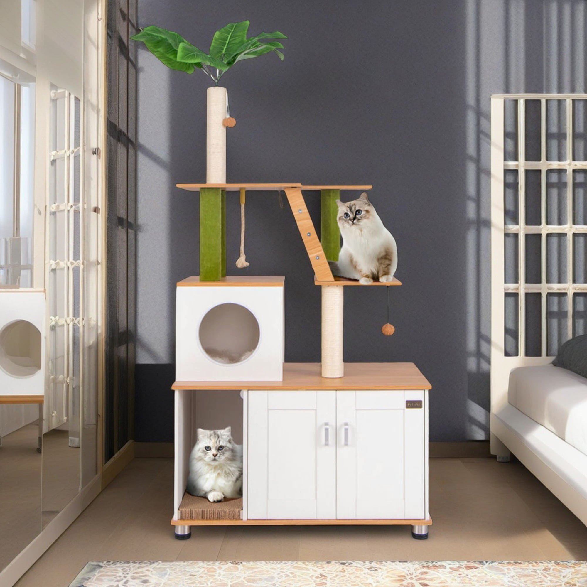 Pefilos 69" Cat Tree Tower with Litter Box Enclosure, 2-in-1 Modern Cat Condo with Scratching Posts, Washable Cushions, Hidden Cat Washroom, White Pefilos 69" Cat Tree Tower with Litter Box Enclosure, 2-in-1 Modern Cat Condo with Scratching Posts, Washable Cushions, Hidden Cat Washroom, White