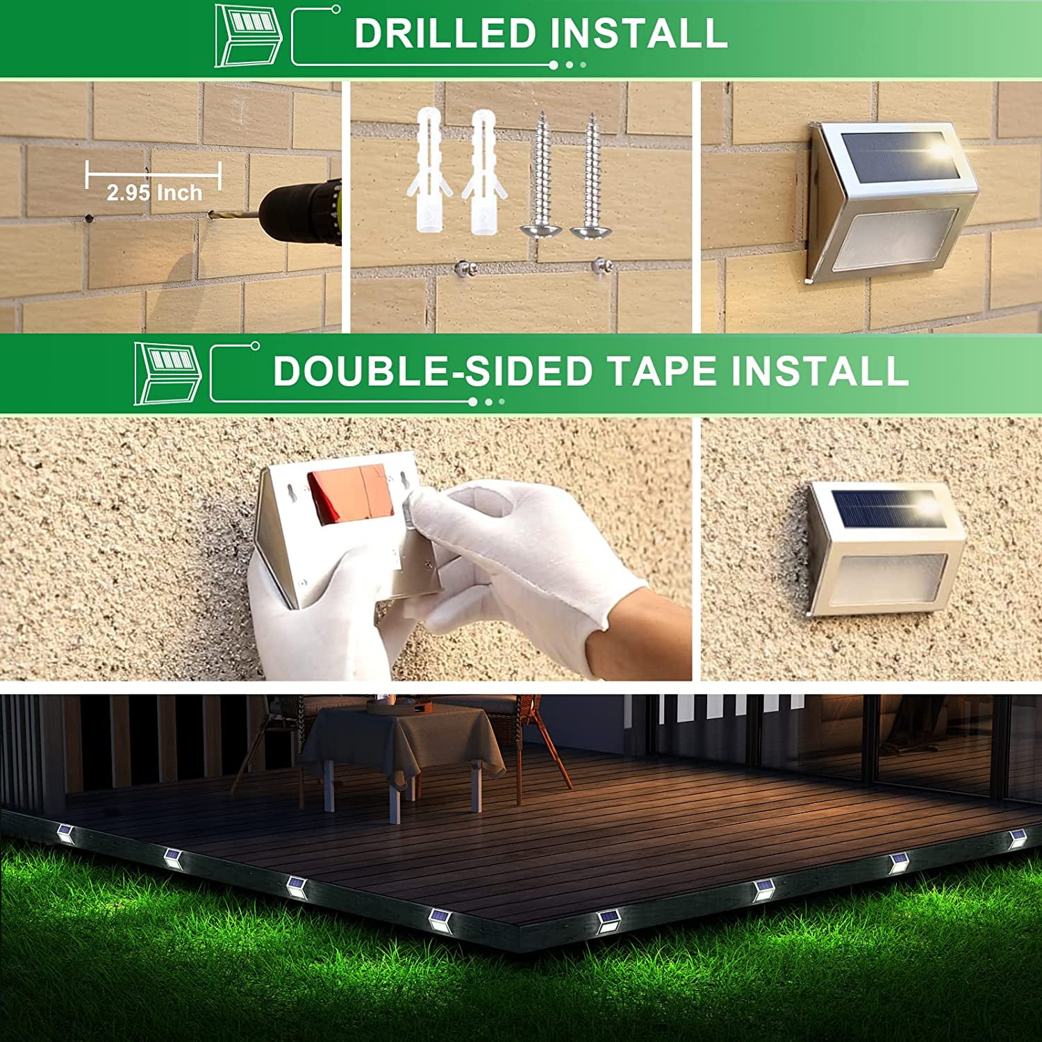 JSOT 6PCS Solar Deck Lights, Solar Stair Lights, Solar Powered Outdoor Lights for Wall Step Walkway Garden, Cool White Light