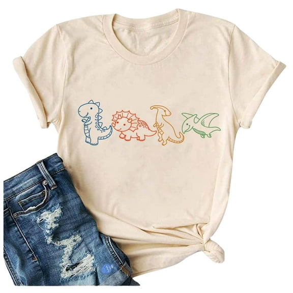 Trendfront Womens Crew Neck Short Sleeve T Shirts Dinosaur Graphic Print Tee Soft Comfort Lightweight Breathable Stylish Tops