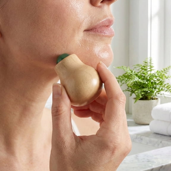 Natural Wooden Face Massage Roller with Green Jade Stone