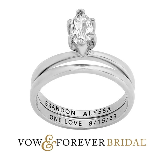 Vow & Forever Personalized Planet Bridal Platinum over Sterling Silver Marquise White Topaz 2-Piece Engraved Wedding Ring Set ,Women's