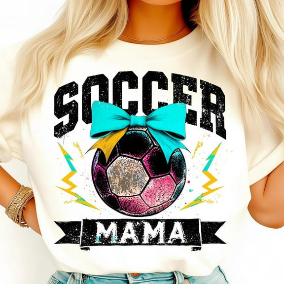 Soccer Mom Shirt, Colorful Bow Soccer Ball Tee, Sporty Coquette Mama T-Shirt, Lightning Bolt Team Spirit Shirt, Game Day Graphic Tee